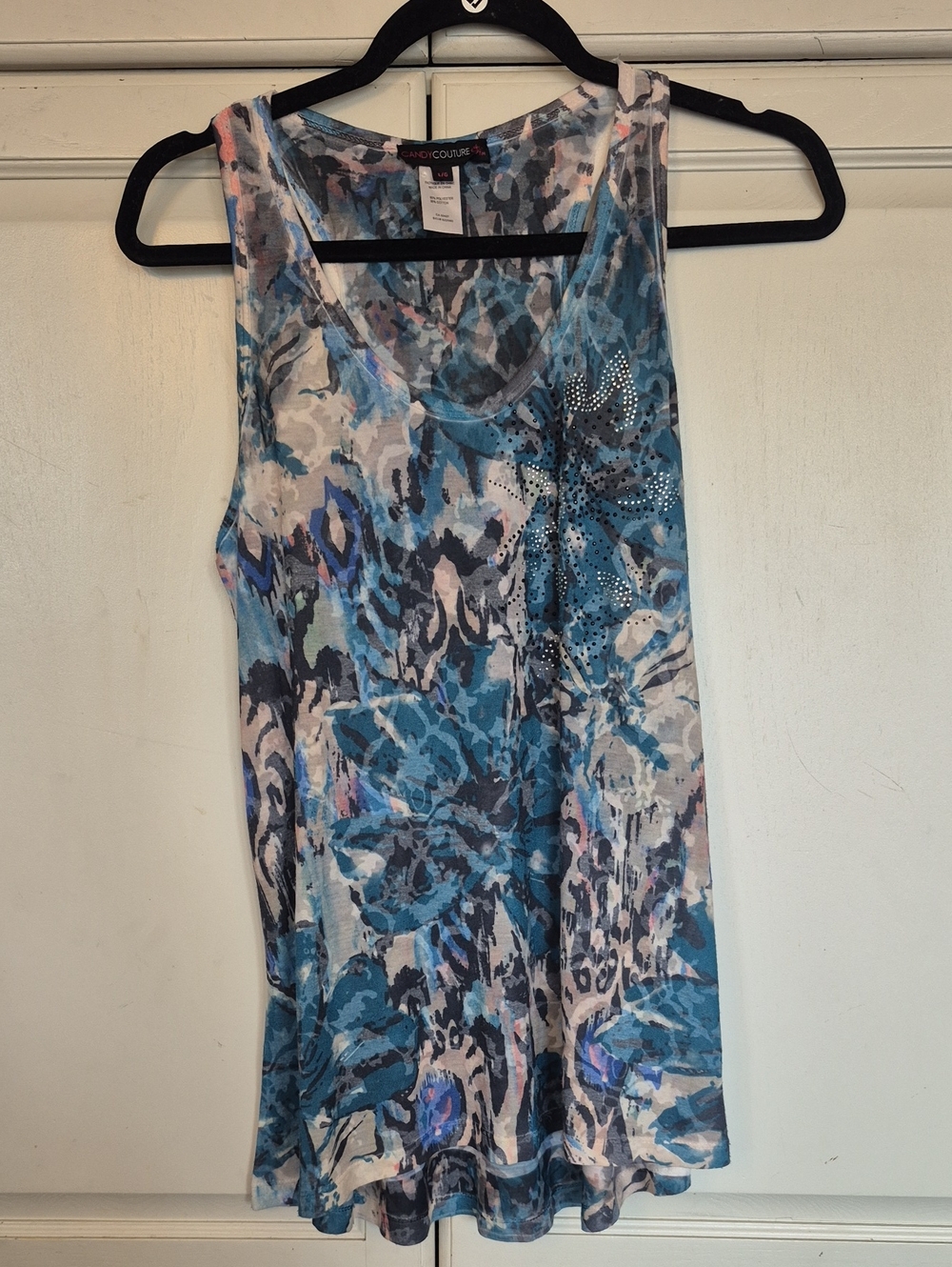 Anne Cole Blue Multi-Print Sleeveless Tank with Rhinestones